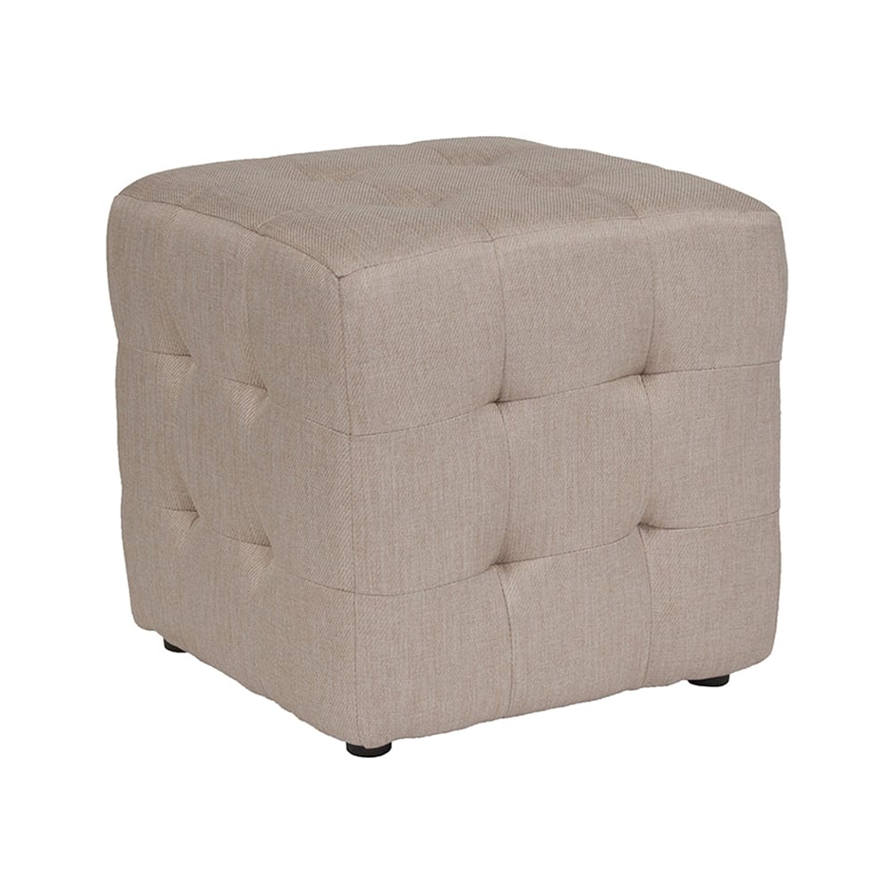 916-QYS02B 16" Square Tufted Ottoman/Pouf w/ Beige Fabric Upholstery
