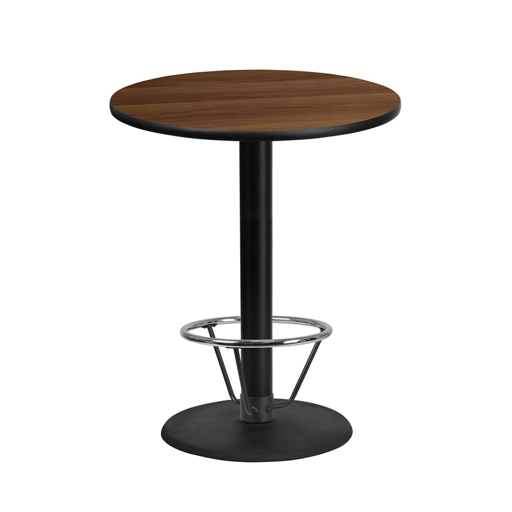 916-XR36WTR24B4CFR 36" Round Bar Height Table - Walnut Laminate Top, Cast Iron Base