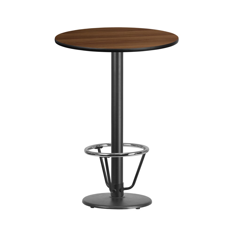 916-XR30WTR18B3CFR 30" Round Bar Height Table - Walnut Laminate Top, Cast Iron Base