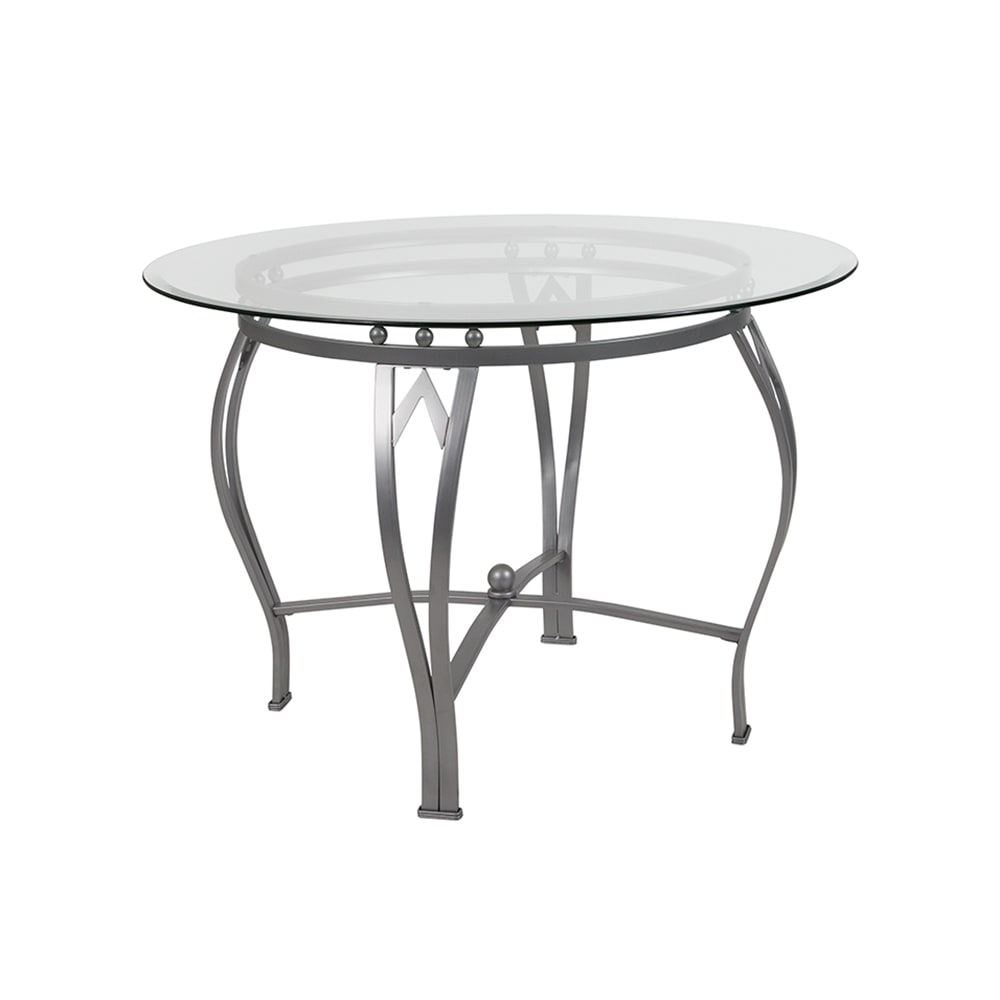 916-XUTBG24GG 42" Round Syracuse Dining Table w/ Glass Top - 29 1/2"H, Metal Frame, Sil...
