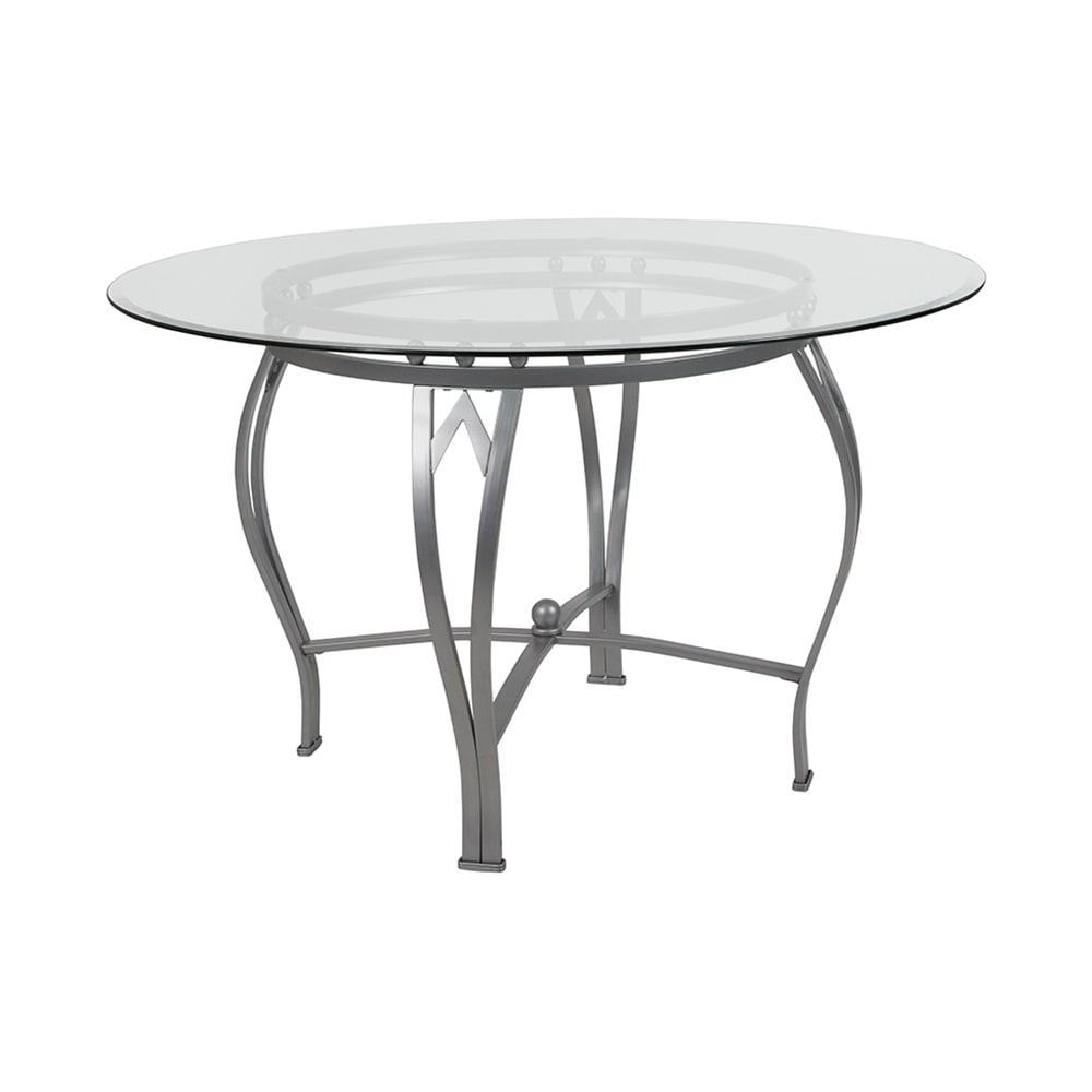916-XUTBG22GG 48" Round Syracuse Dining Table w/ Glass Top - 29 1/2"H, Metal Frame, Sil...