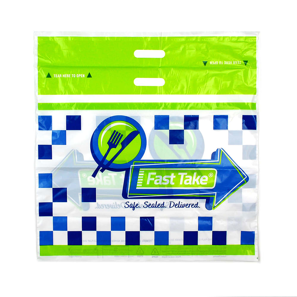 909-FT211810P Fast Take® Tamper-Evident Carryout Bag w/ Handle - 18"W x 21"L, Printed