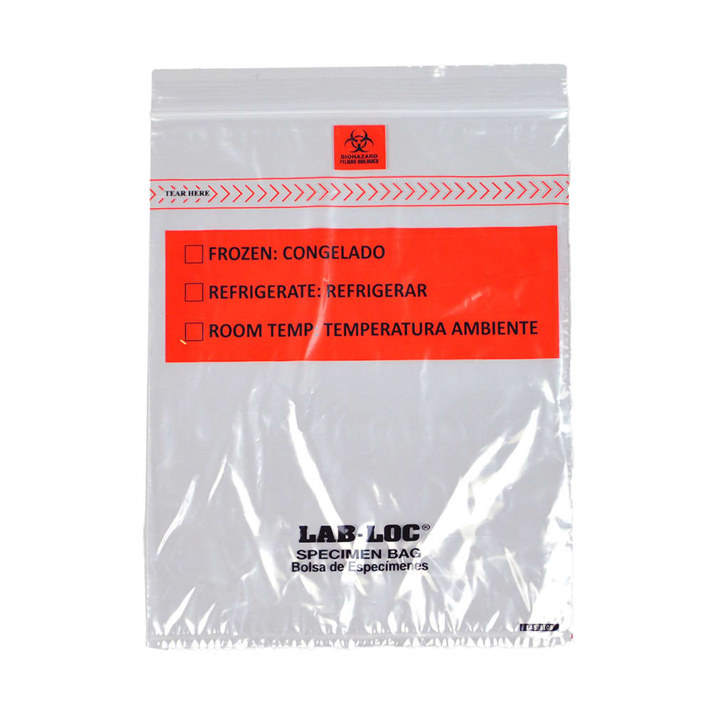 909-LABZ810B Lab-Loc® Specimen Bags w/ Removable Biohazard Symbol - 8" x 10", Polyethyl...