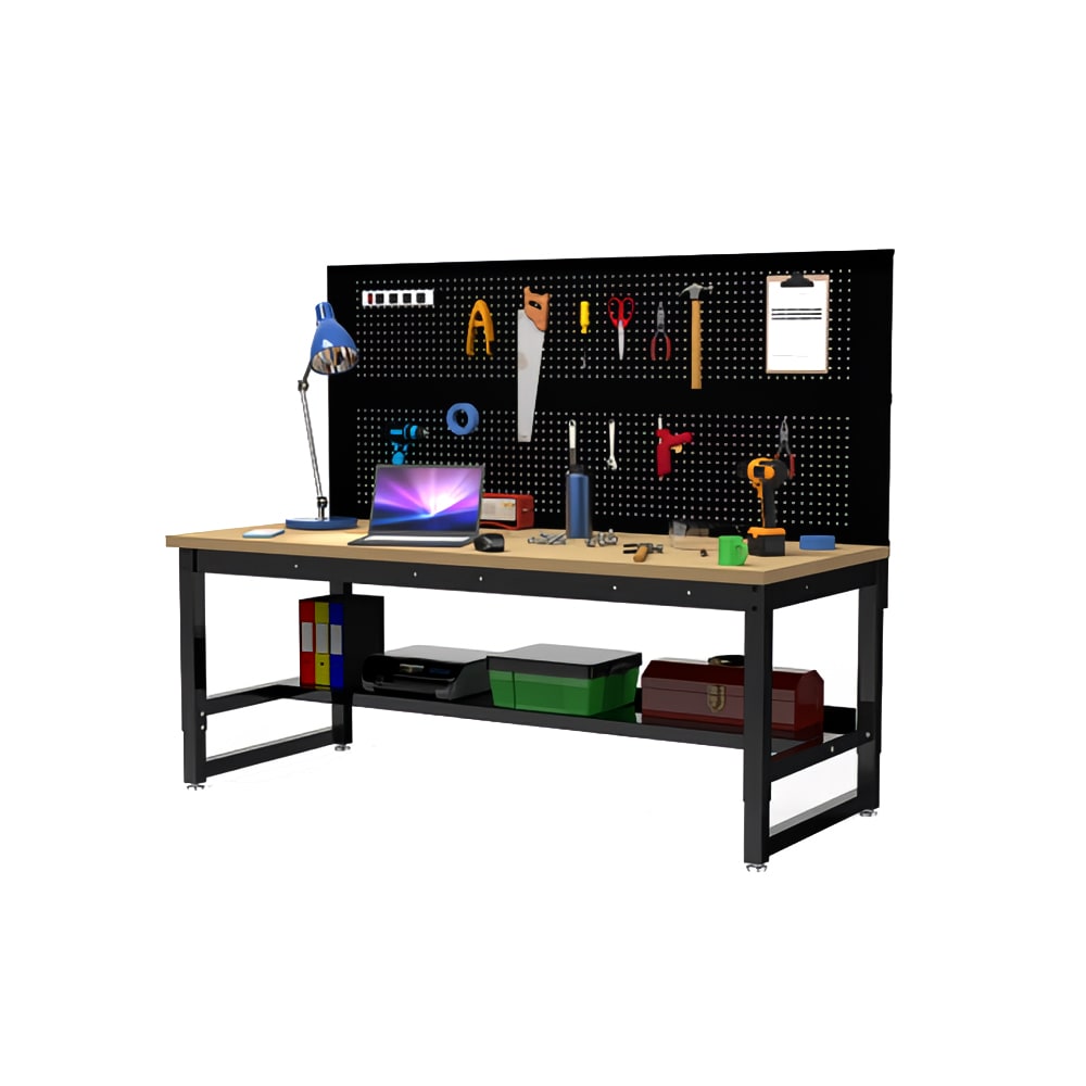 Luxor Industrial Workbench - 70.75” W x 31” D x 55” H, Steel, Black ...