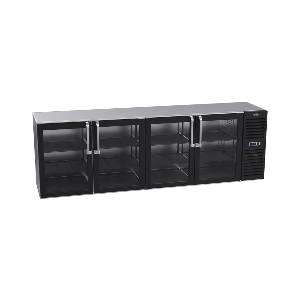 381-BS108RGNS 108" Bar Refrigerator - 4 Swinging Glass Doors, Black, 115v
