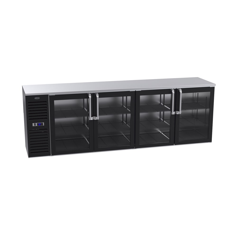 381-BS108LGSS 108" Bar Refrigerator - 4 Swinging Glass Doors, Black, 115v