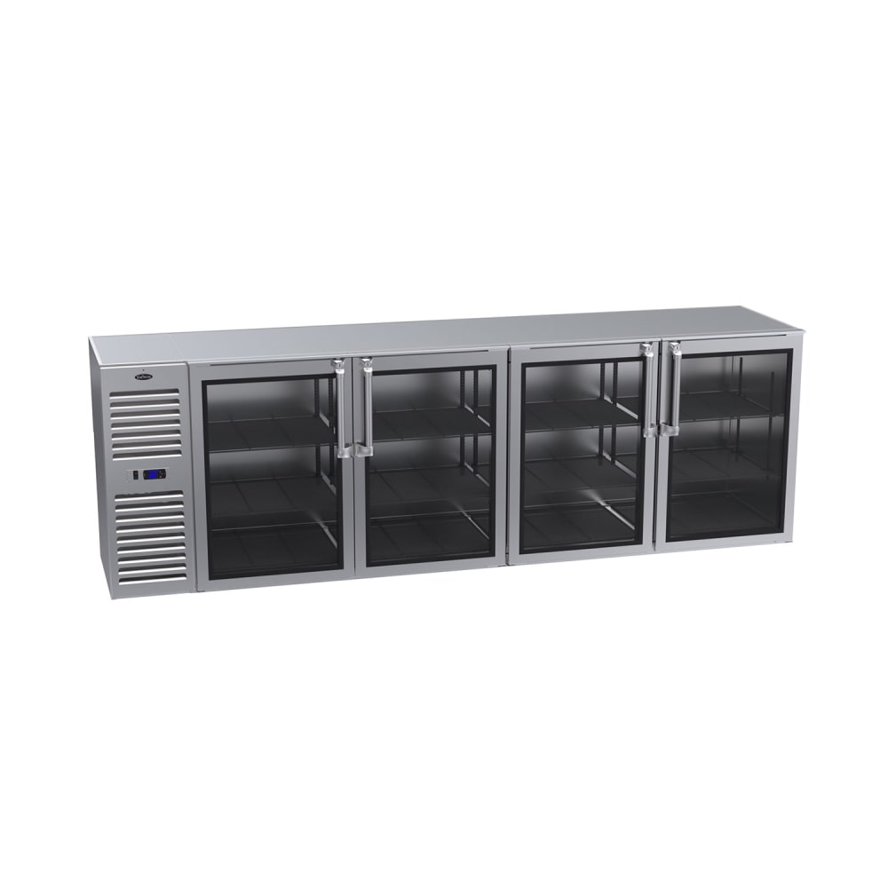 381-BS108LKNS 108" Bar Refrigerator - 4 Swinging Glass Doors, Stainless, 115v
