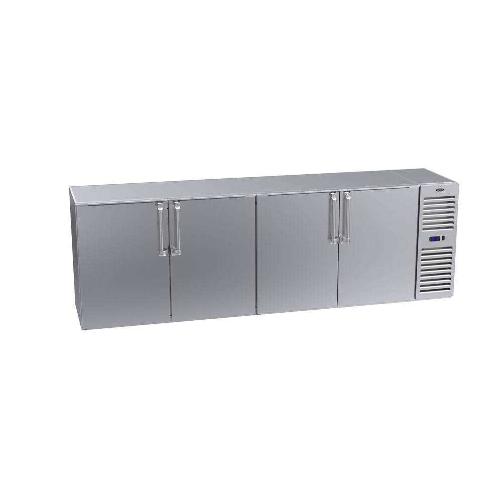 381-BS108RSNS 108" Bar Refrigerator - 4 Swinging Solid Doors, Stainless, 115v