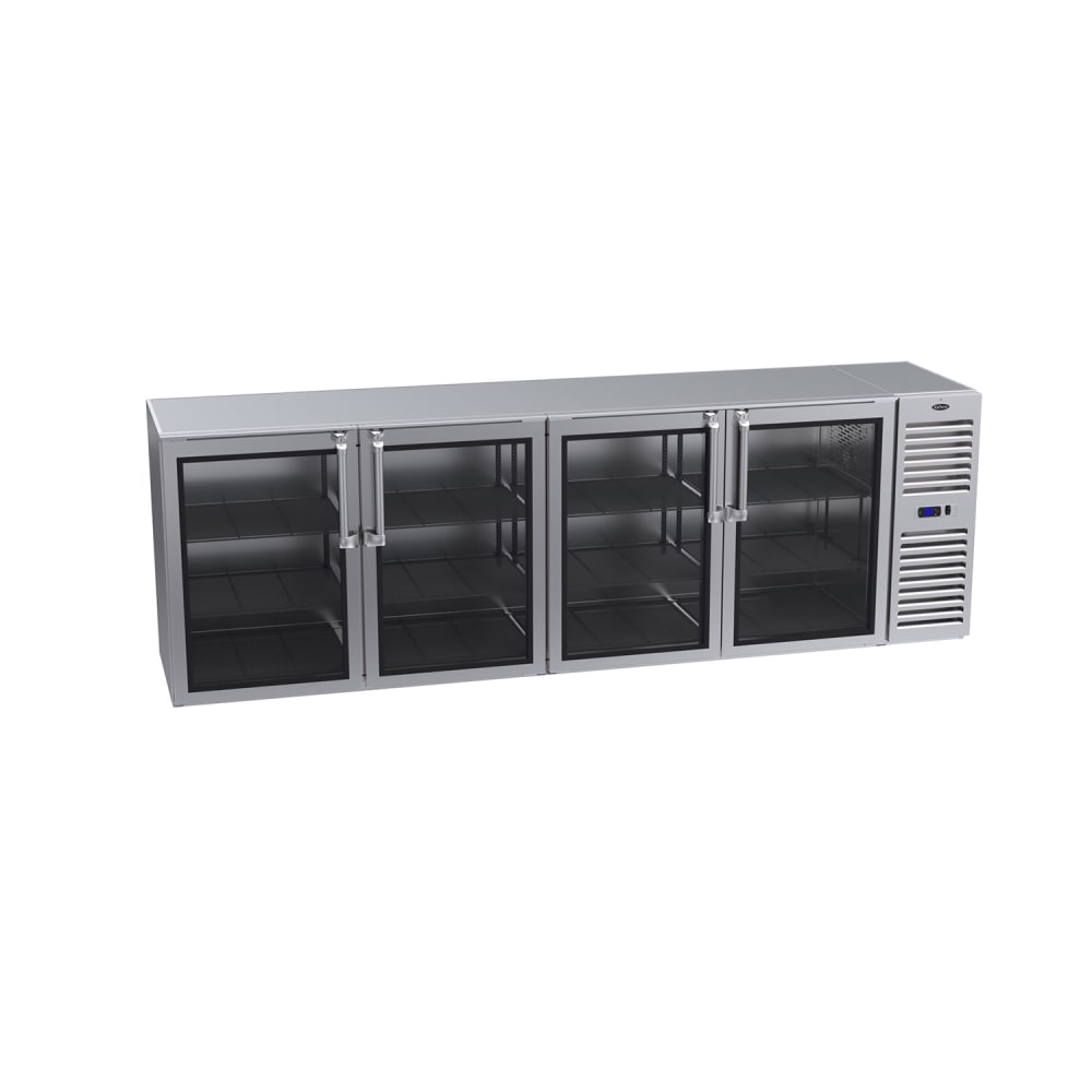 381-BS108RKNS 108" Bar Refrigerator - 4 Swinging Glass Doors, Stainless, 115v