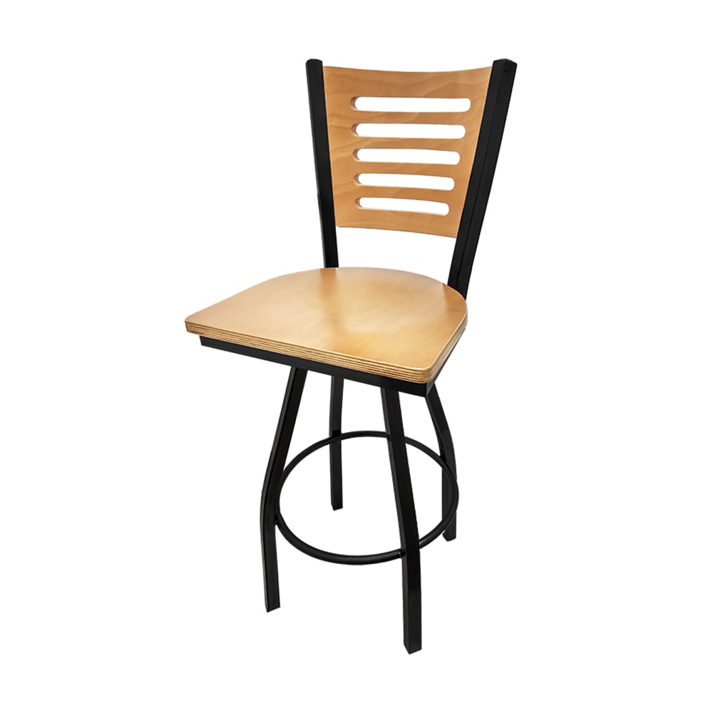 256-SL21501S5 Swivel Bar Stool w/ 5 Line Wood Back & Wood Seat, Black Metal