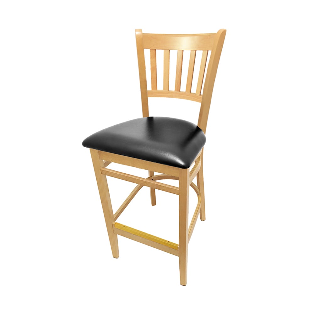 256-WB102NT Bar Stool w/ Vertical Back & Black Vinyl Seat, Wood Frame, Natural