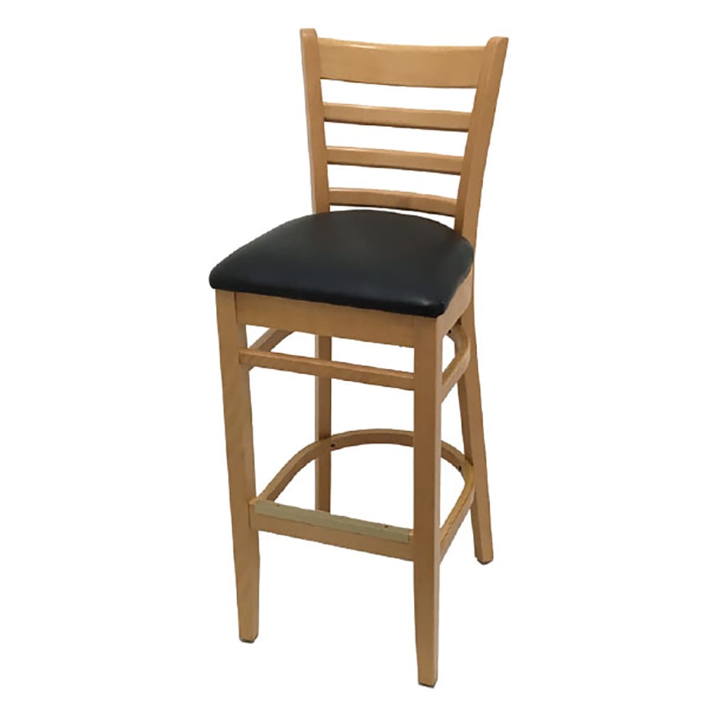 256-WB101NT Bar Stool w/ Ladder Back & Black Vinyl Seat, Wood Frame, Natural