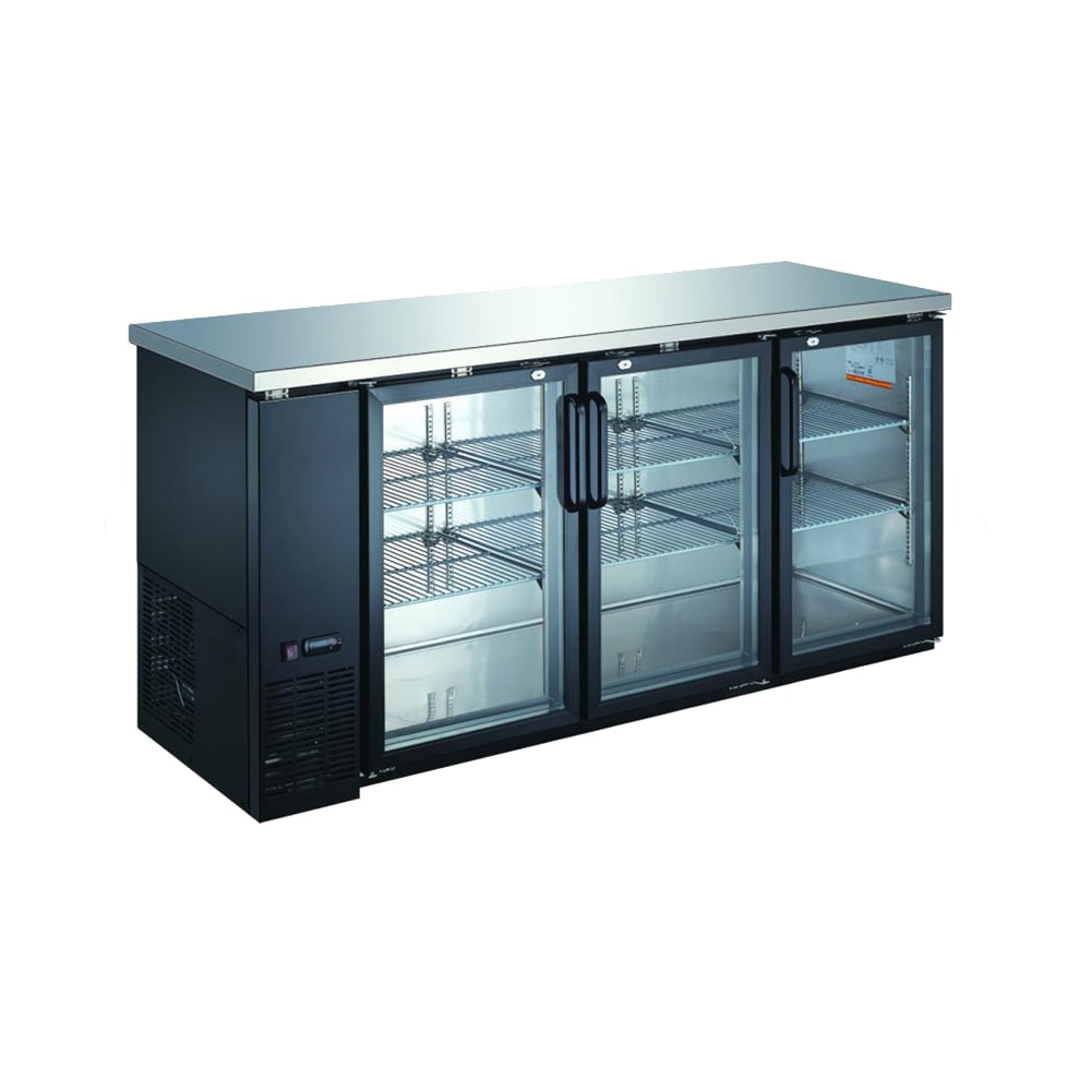 390-50062 72 3/4" Bar Refrigerator - 3 Swinging Glass Doors, Black, 115v
