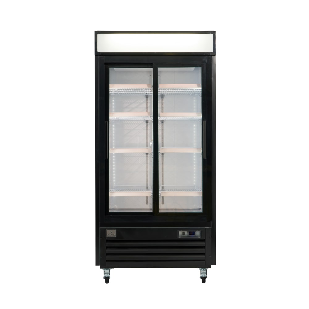 260-738318 41 1/4" Two Section Glass Door Merchandiser - (2) Sliding Doors, Black, 120v