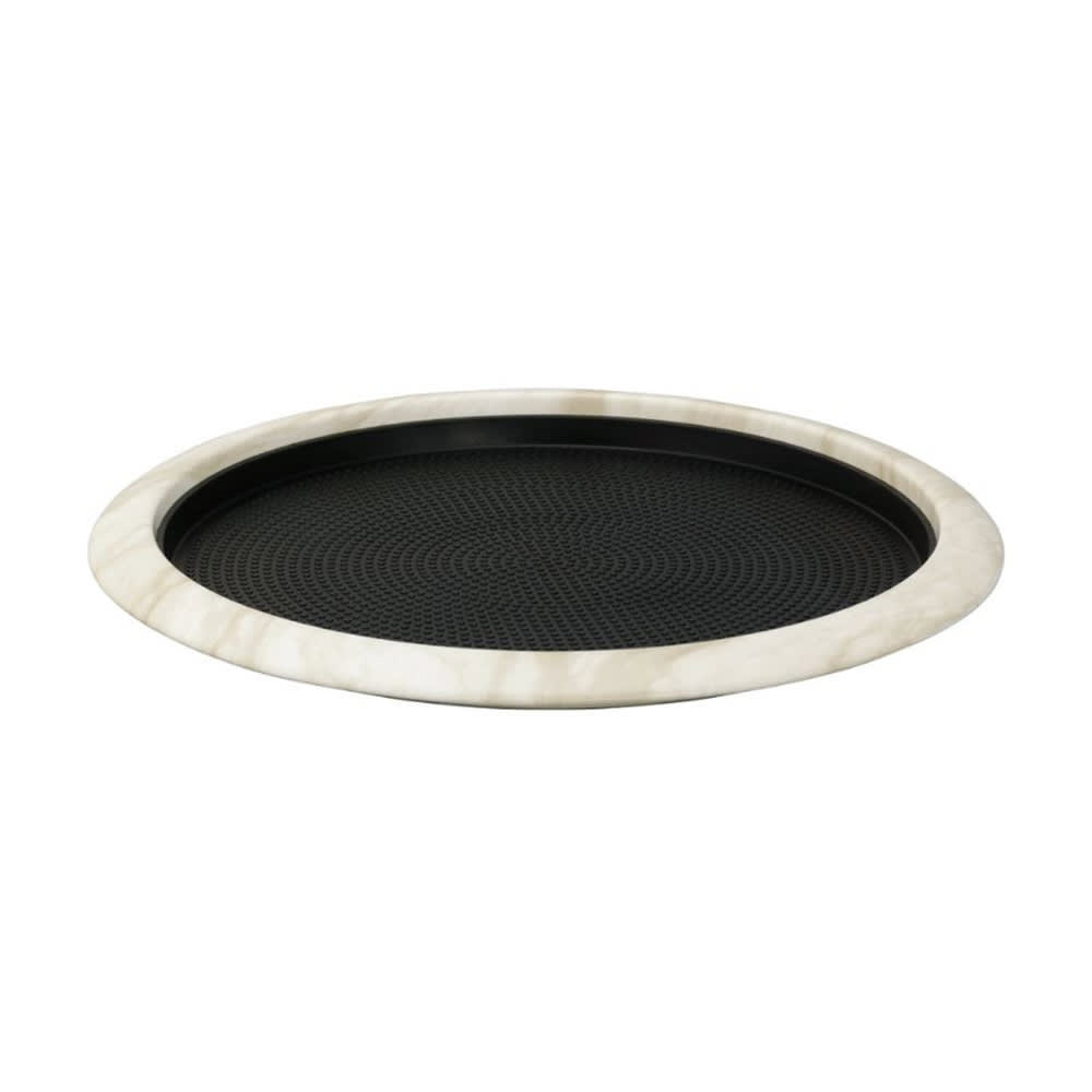 482-TR1412RIWM 14" Round Non Slip Serving Tray - Stainless Steel, White Marble