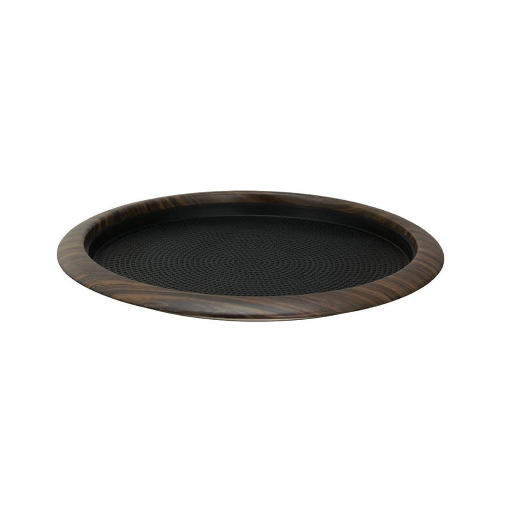 482-TR1412RIDW 14" Round Non Slip Serving Tray - Stainless Steel, Dark Wood