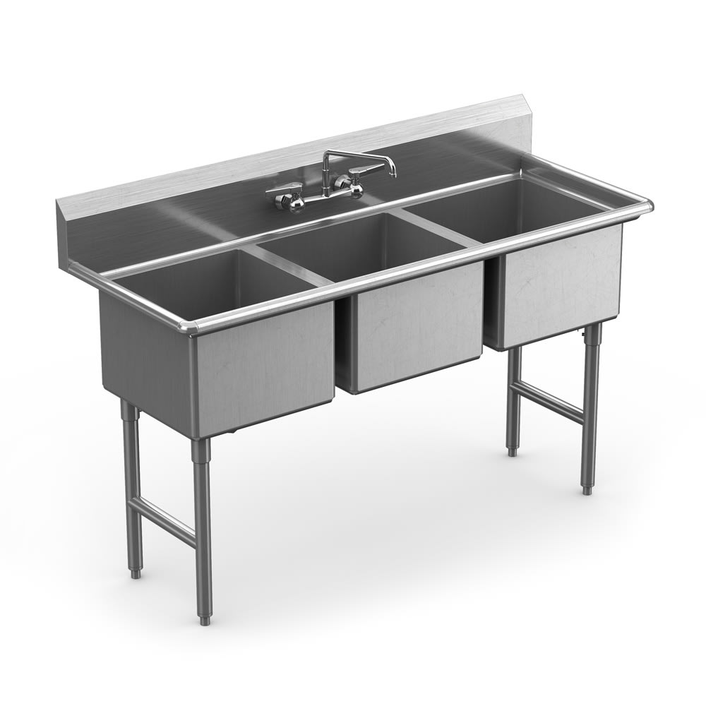 145-WS3T1618 57" 3 Compartment Sink w/ 6"L x 18"W Bowl, 12" Deep
