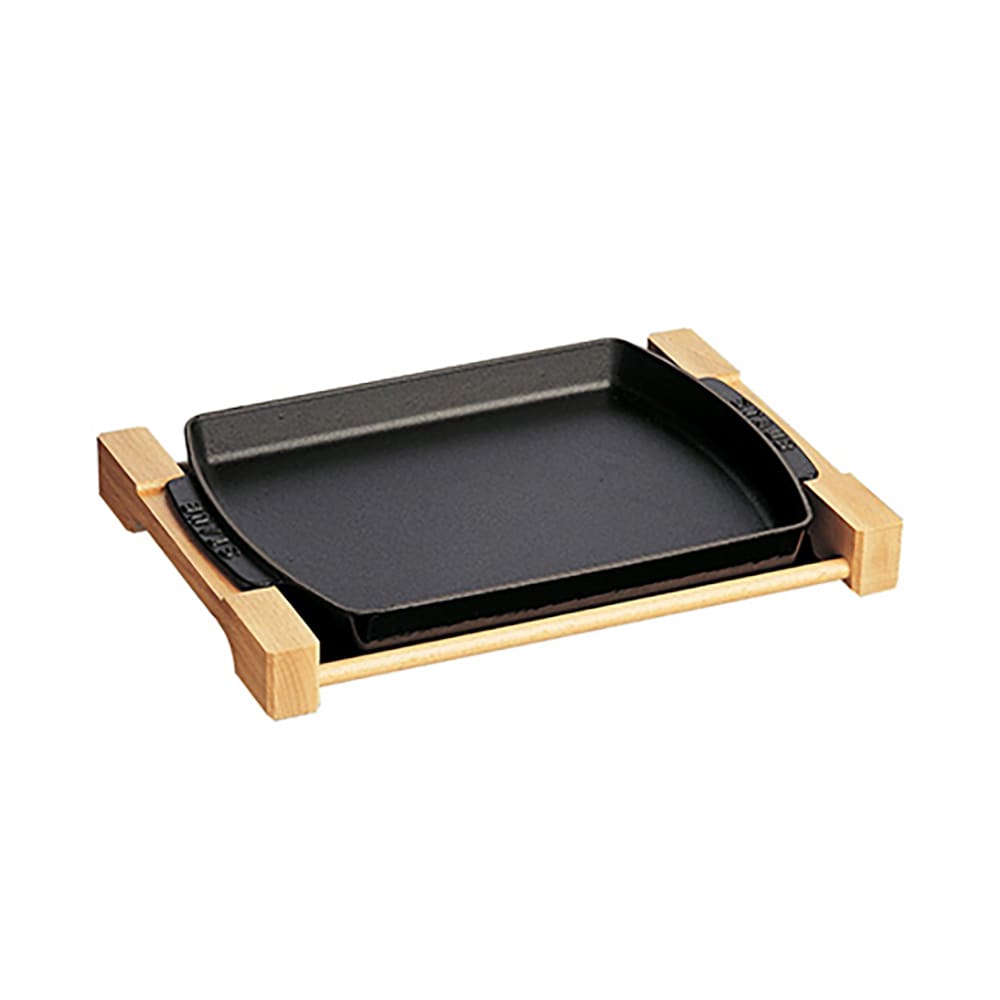 103-1205223 15" x 9" Brasserie Plate w/ Wood Base & Matte Enamel Coated Cast Iron