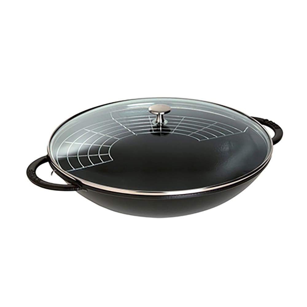 103-1313923 Wok w/ 6-qt Capacity, Glass Lid, Spatula, Chop Sticks, Enameled Cast Iron, Black