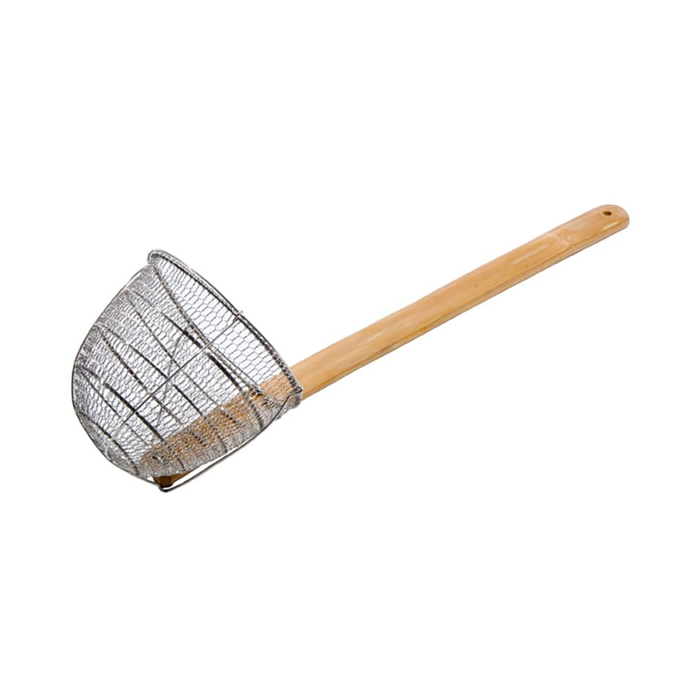 296-42615 5 1/2" Diameter Wire Mesh Noodle Skimmer, Bamboo Handle, Stainless