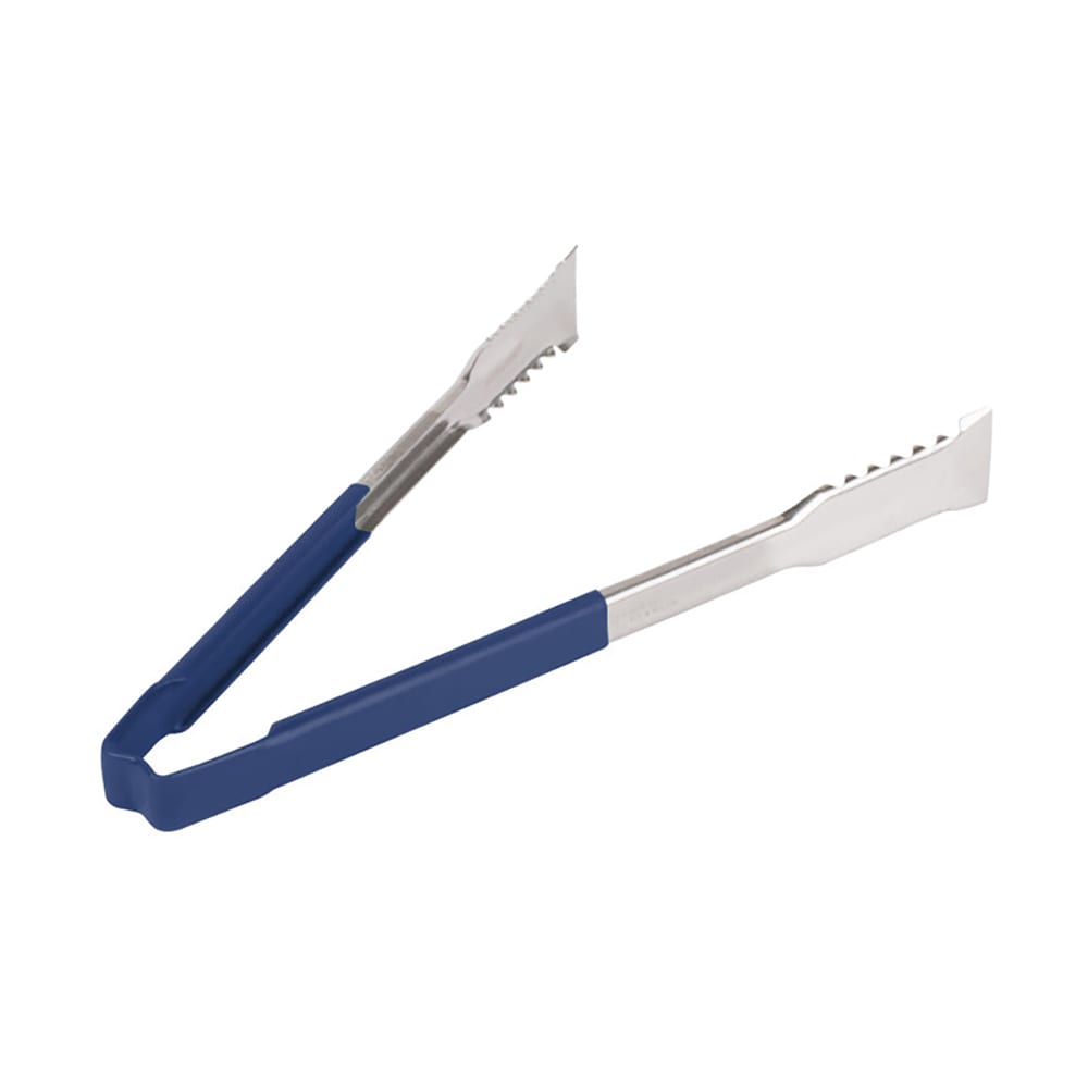 175-4791230 12"L Stainless Steel Utility Tongs - Blue