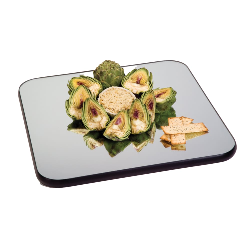 121-260 28" Square Rimless Mirror Tray w/ Wood Backing, Black Vinyl Edge