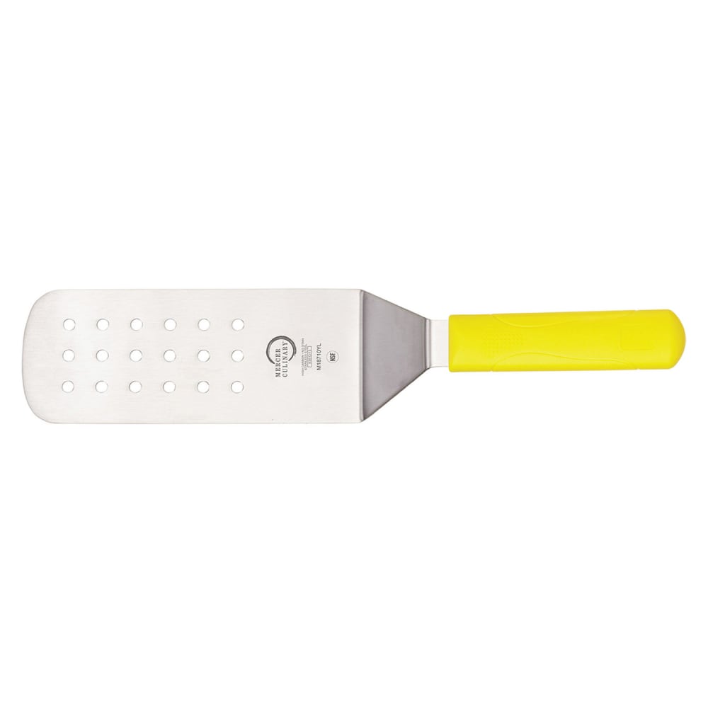 132-M18710YL 8" x 3" Perforated Turner w/ Yellow Polypropylene Handle, High Carbon Japa...