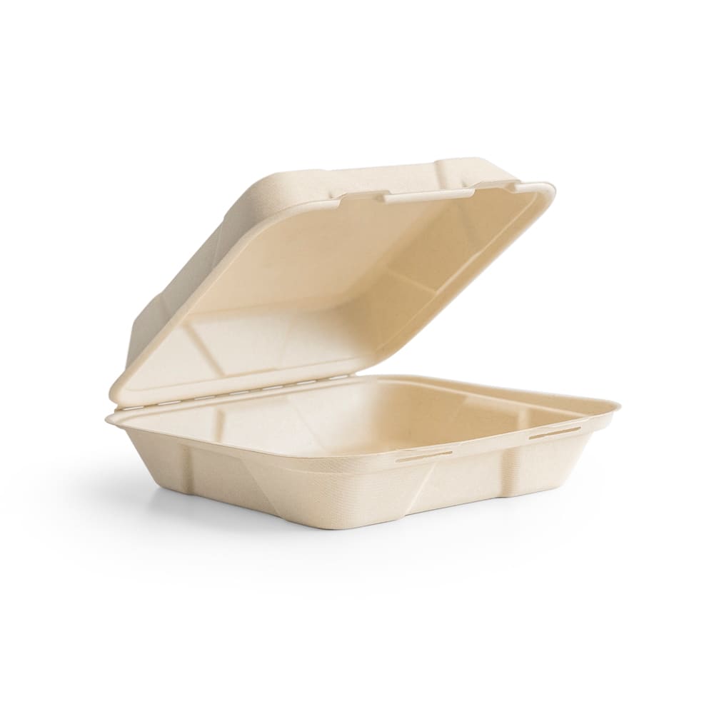 690-B027N Hinged Lid Food Container - 10" x 10", Molded Fiber, Natural Brown