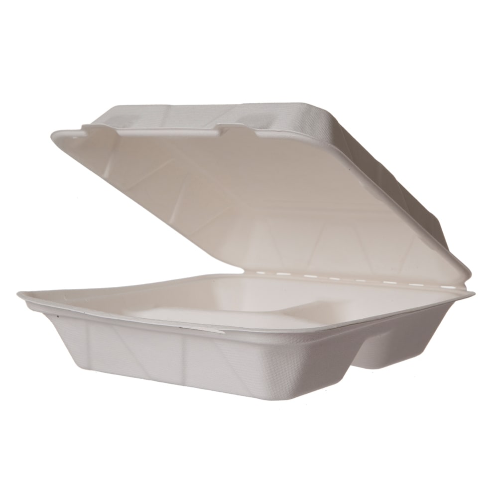690-WHBRG93HW (3) Compartment Hinged Lid Food Container - 9" x 9", Molded Fiber, White