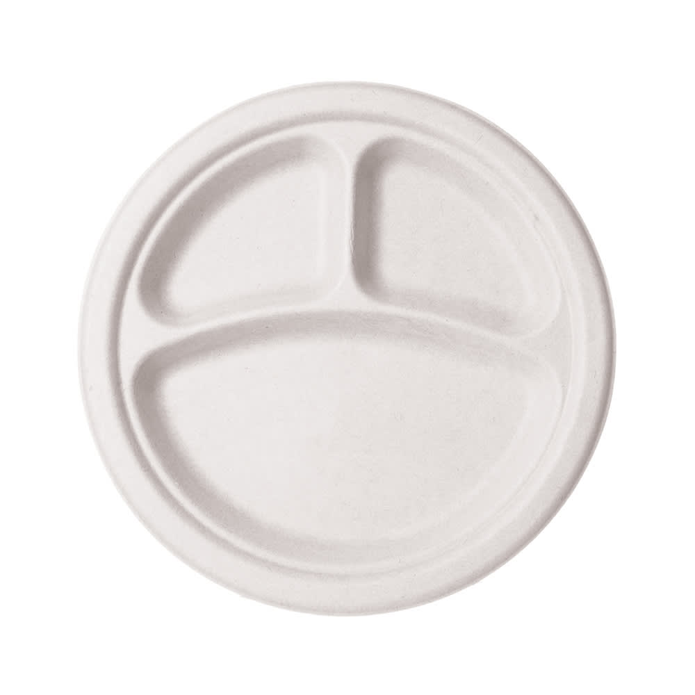 690-WHBRG103 10" Round Disposable Plate w/ (3) Compartments - Molded Fiber, White