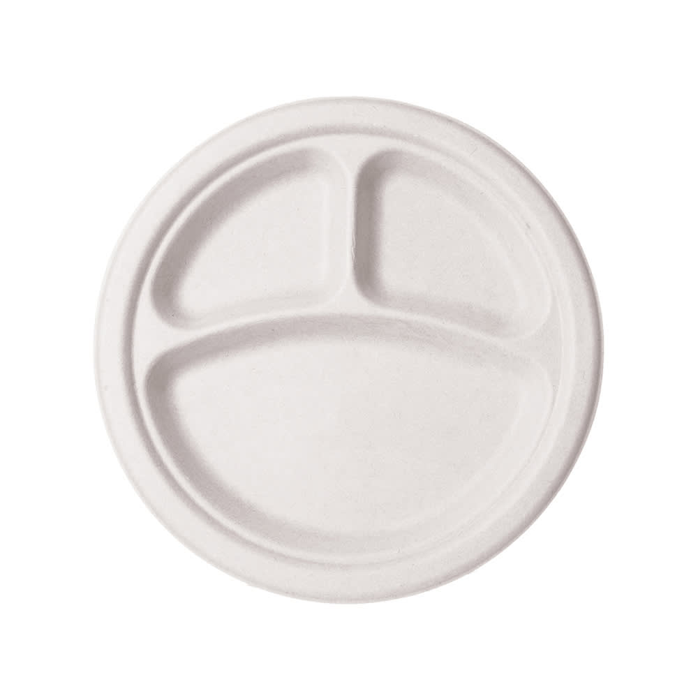 690-WHBRG93 9" Round Disposable Plate w/ (3) Compartments - Molded Fiber, White