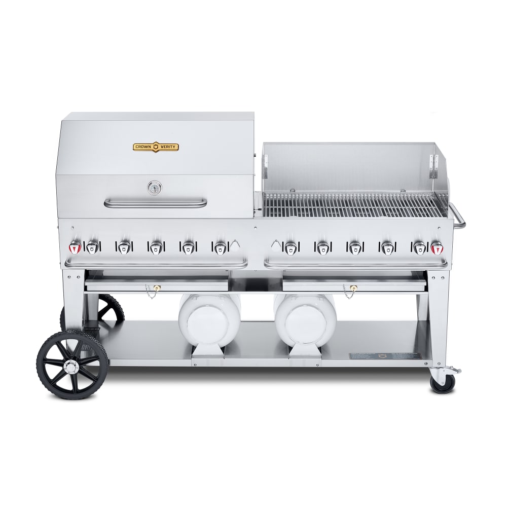 828-CVMCB60SIBULKRWP 58" Mobile Gas Commercial Outdoor Charbroiler w/ Roll Dome & Wind G...