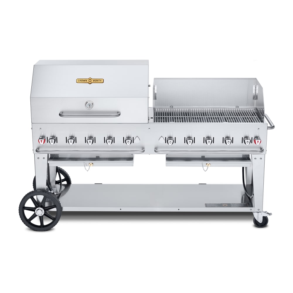 828-CVMCB72RWPNG 70" Mobile Gas Commercial Outdoor Charbroiler w/ Roll Dome & Wind Guard...