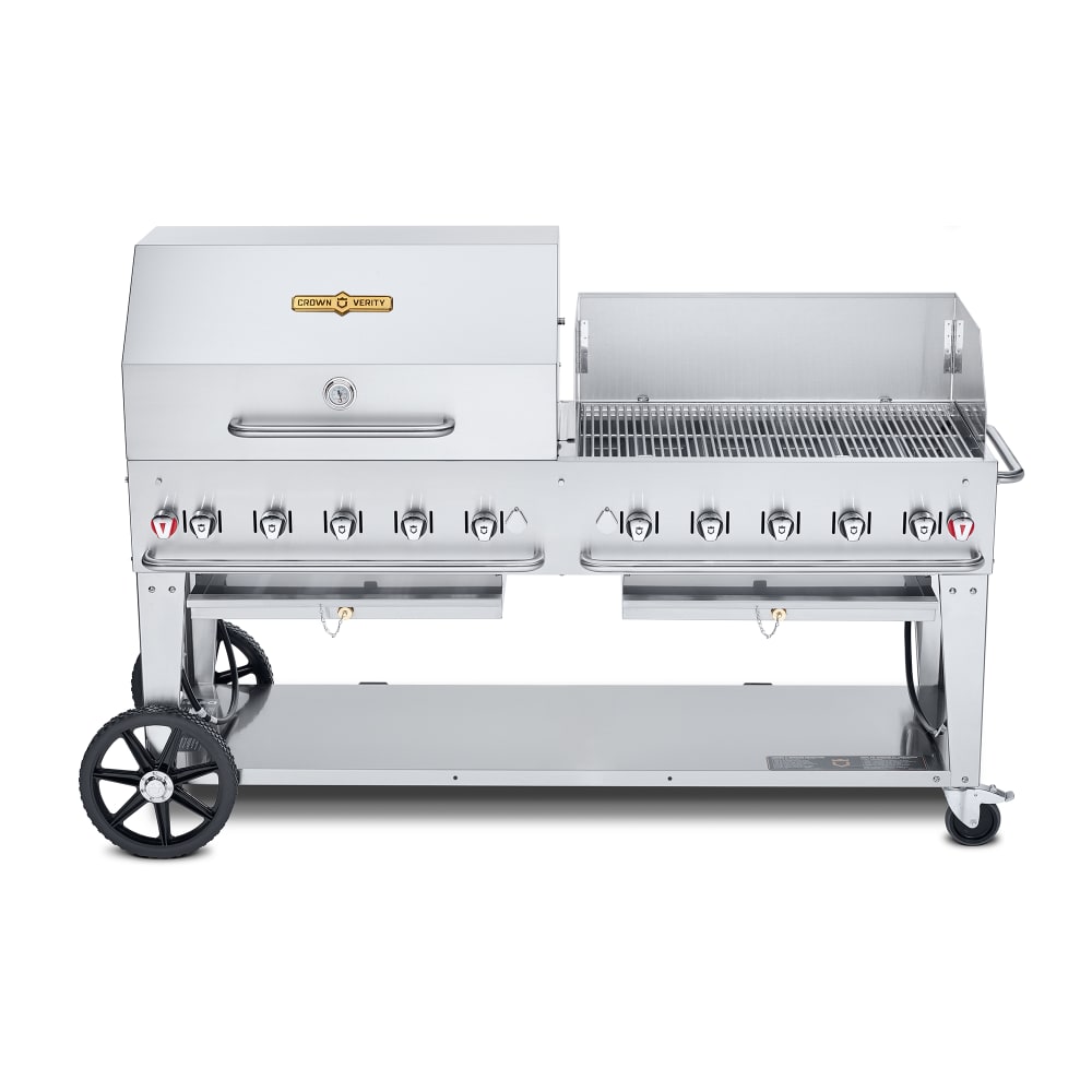 828-CVMCB72SI5010RWP 70" Mobile Gas Commercial Outdoor Charbroiler w/ Roll Dome & Wind G...