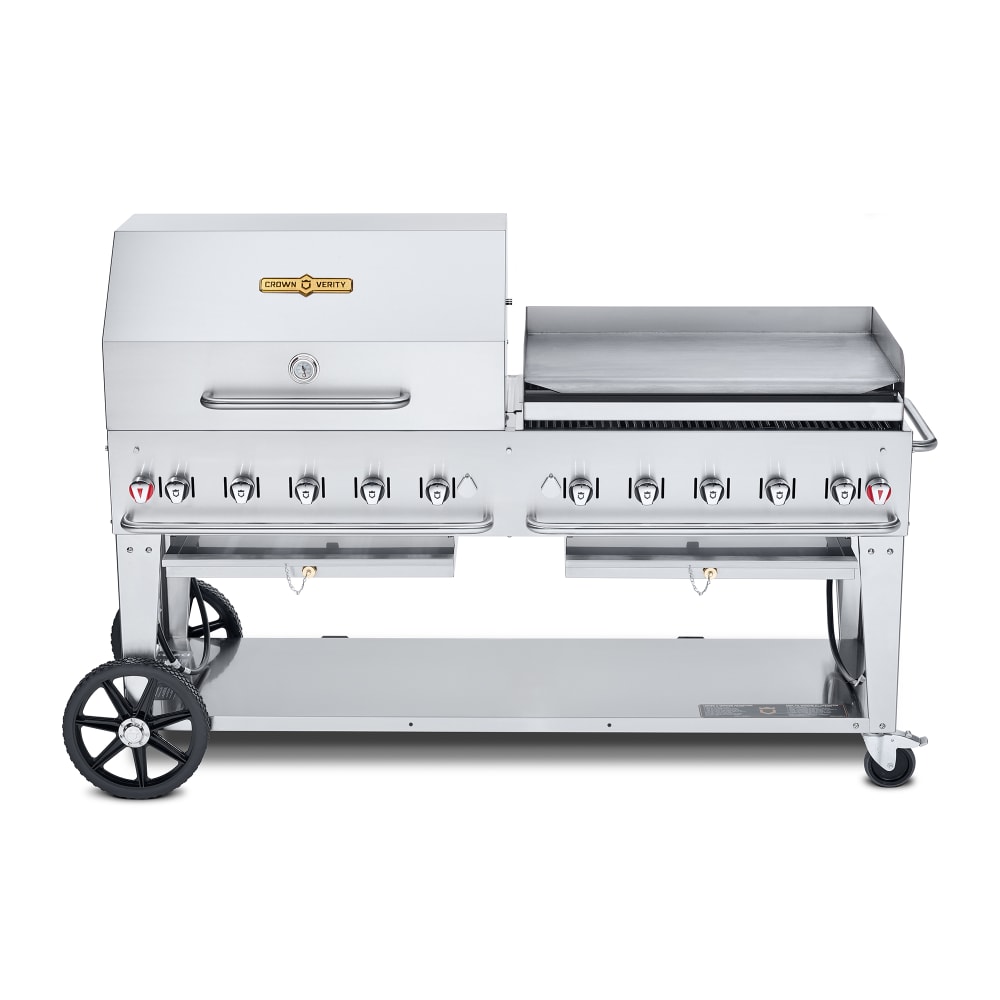 828-CVMCB72SIBULKRGP 70" Mobile Gas Commercial Outdoor Charbroiler w/ Griddle, Liquid Propan...