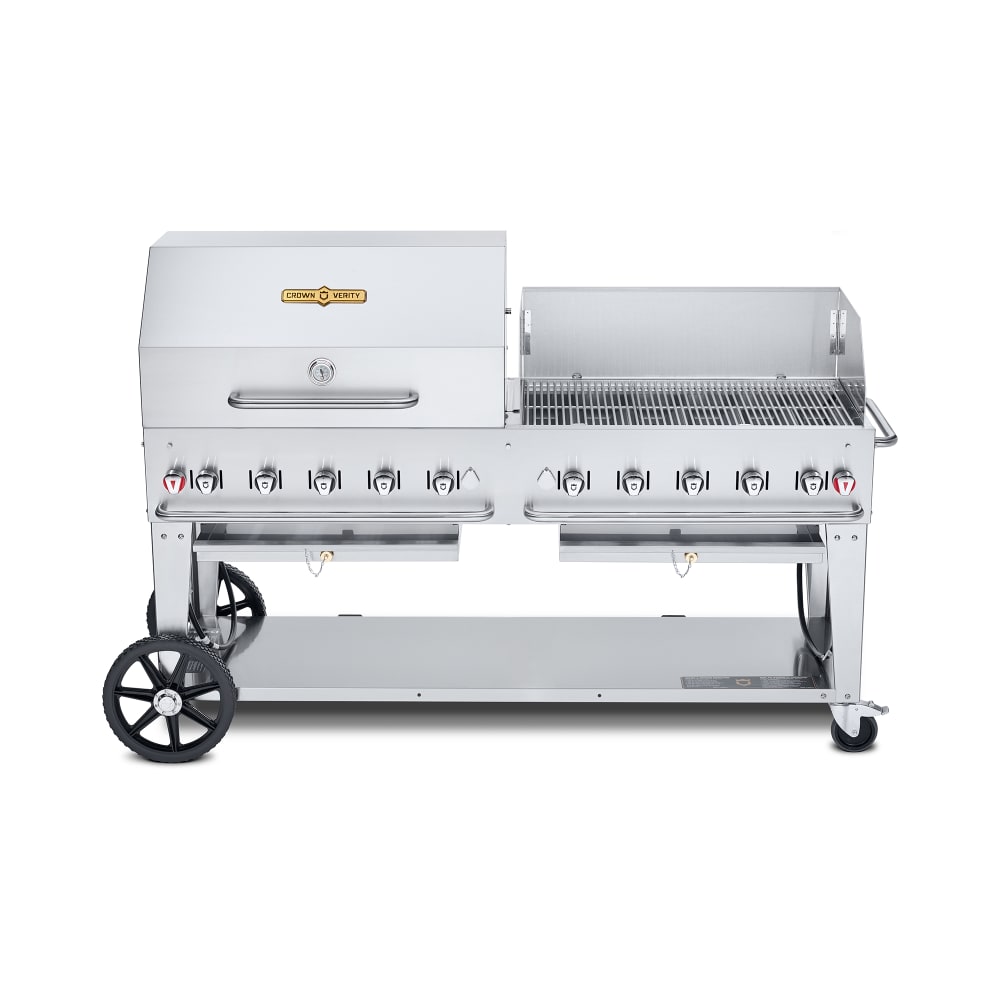 828-CVMCB72SIBULKRWP 70" Mobile Gas Commercial Outdoor Charbroiler w/ Roll Dome & Wind G...