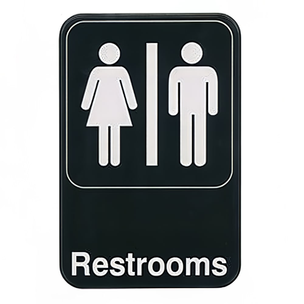 080-SGN603 RESTROOMS Sign w/ Symbol, 6" x 9", Black