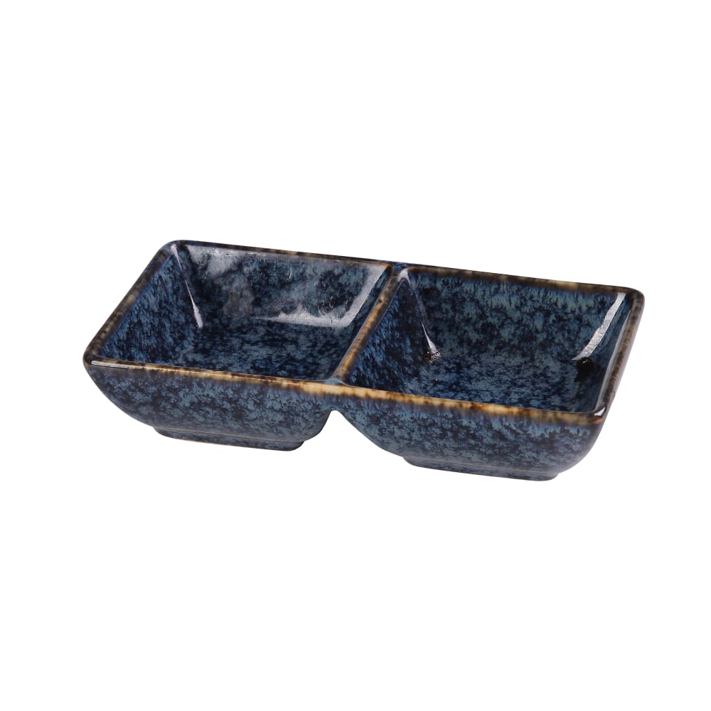 614-BL4032 Rectangular Sauce Dish w/ (2) 1 1/5 oz Compartments - Ceramic, Blue Star