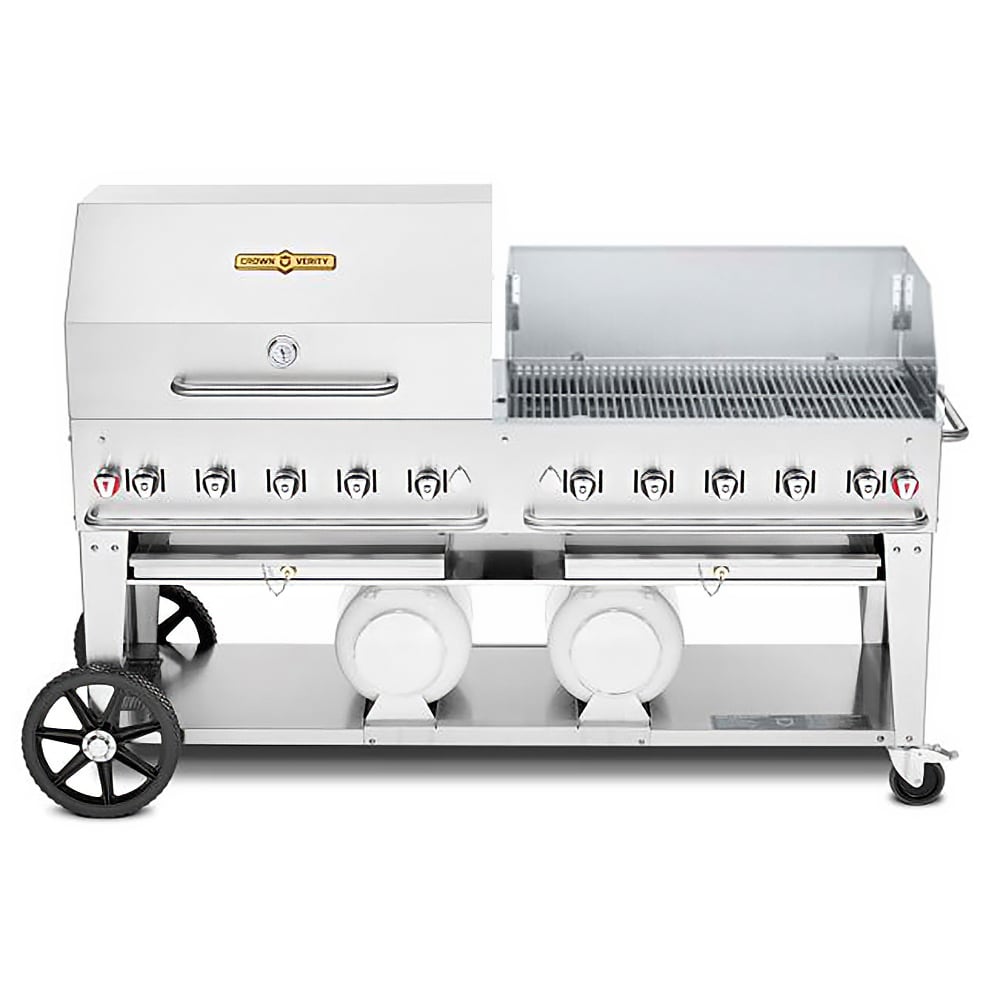 828-CVCCB72RWP 70" Mobile Gas Commercial Outdoor Grill w/ Roll Domes & Wind Guards, Liqu...