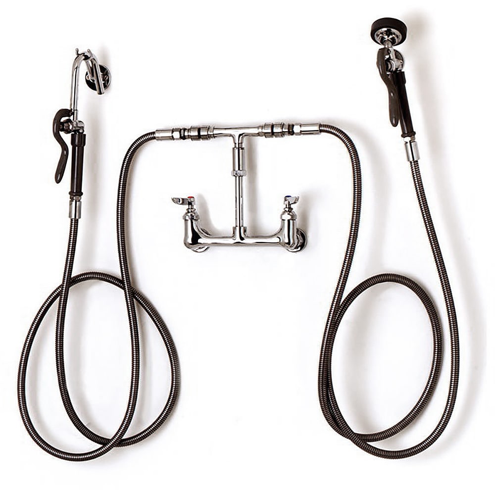 064-B2331 Wall Mount Pot Filler Faucet w/ Two 144" Hoses, Hook Nozzle, & Spray Valve