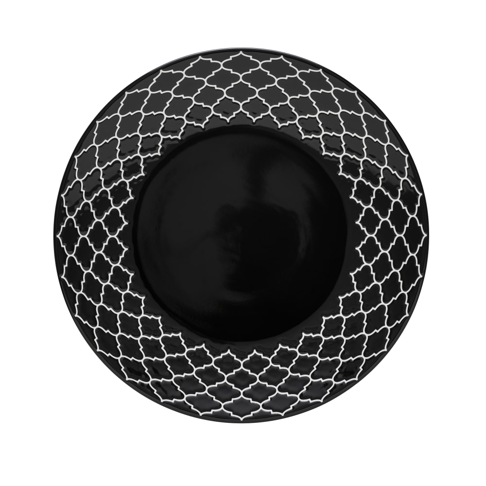 634-109981 12 1/8" Round Porcelain Plate - Black w/ White Embossed Pattern