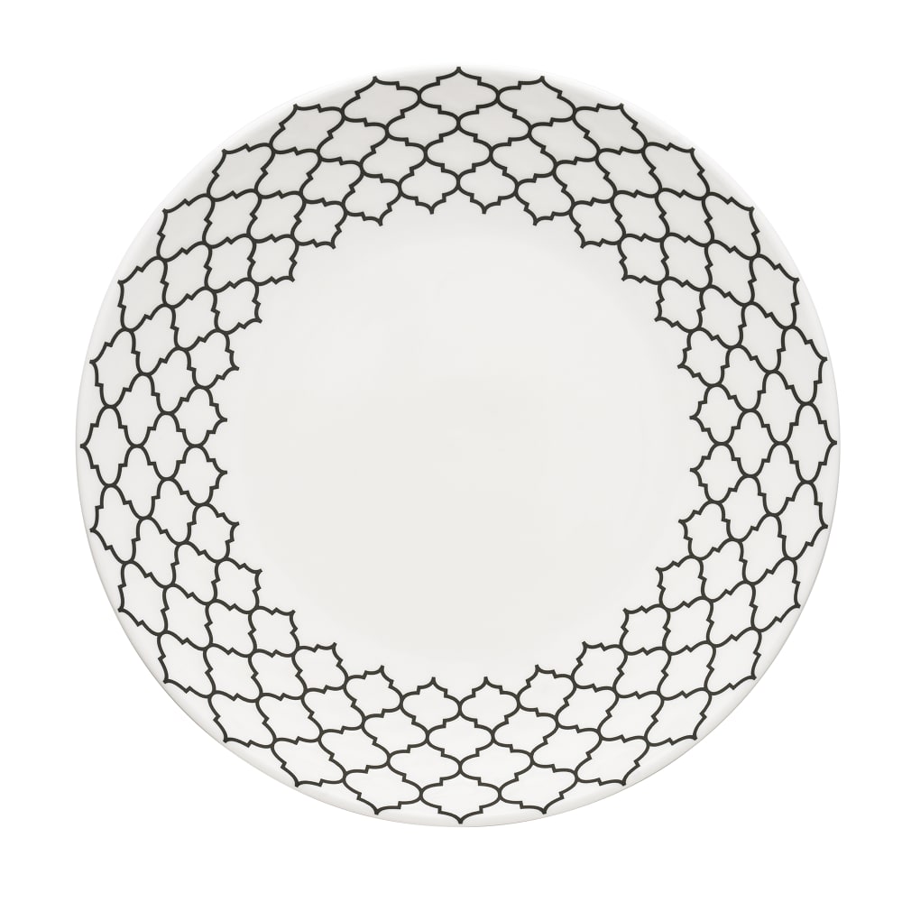 634-109998 12 1/8" Round Porcelain Plate - White w/ Black Embossed Pattern