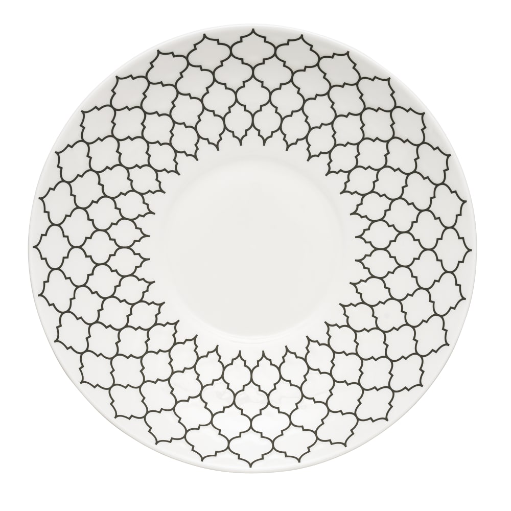 634-109997 12" Round Porcelain Plate - White w/ Black Embossed Pattern