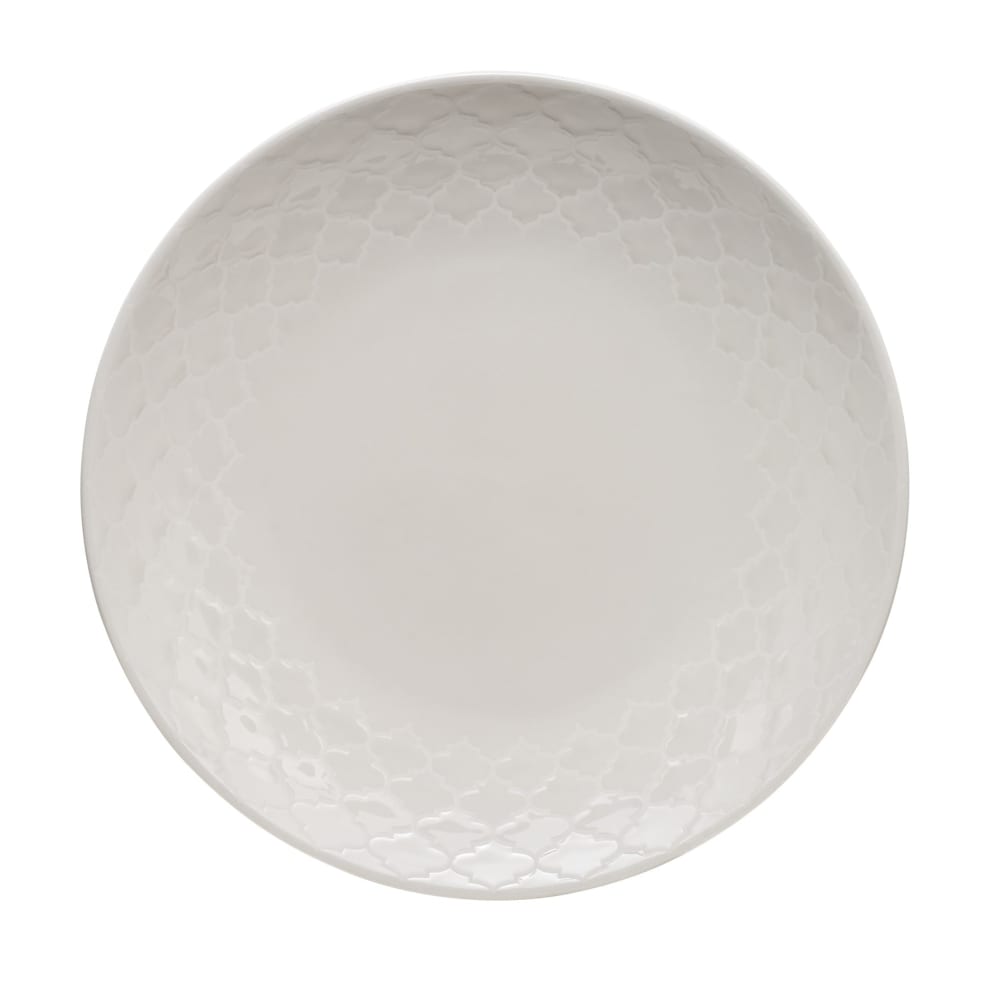 634-110016 11 1/8" Round Porcelain Plate - White w/ White Embossed Pattern