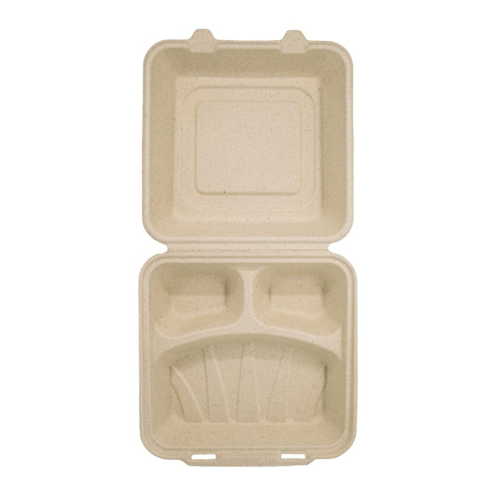791-TCA8X83CB200IN 8" Square Disposable To Go Food Container w/ (3) Compartments - Molded Fi...