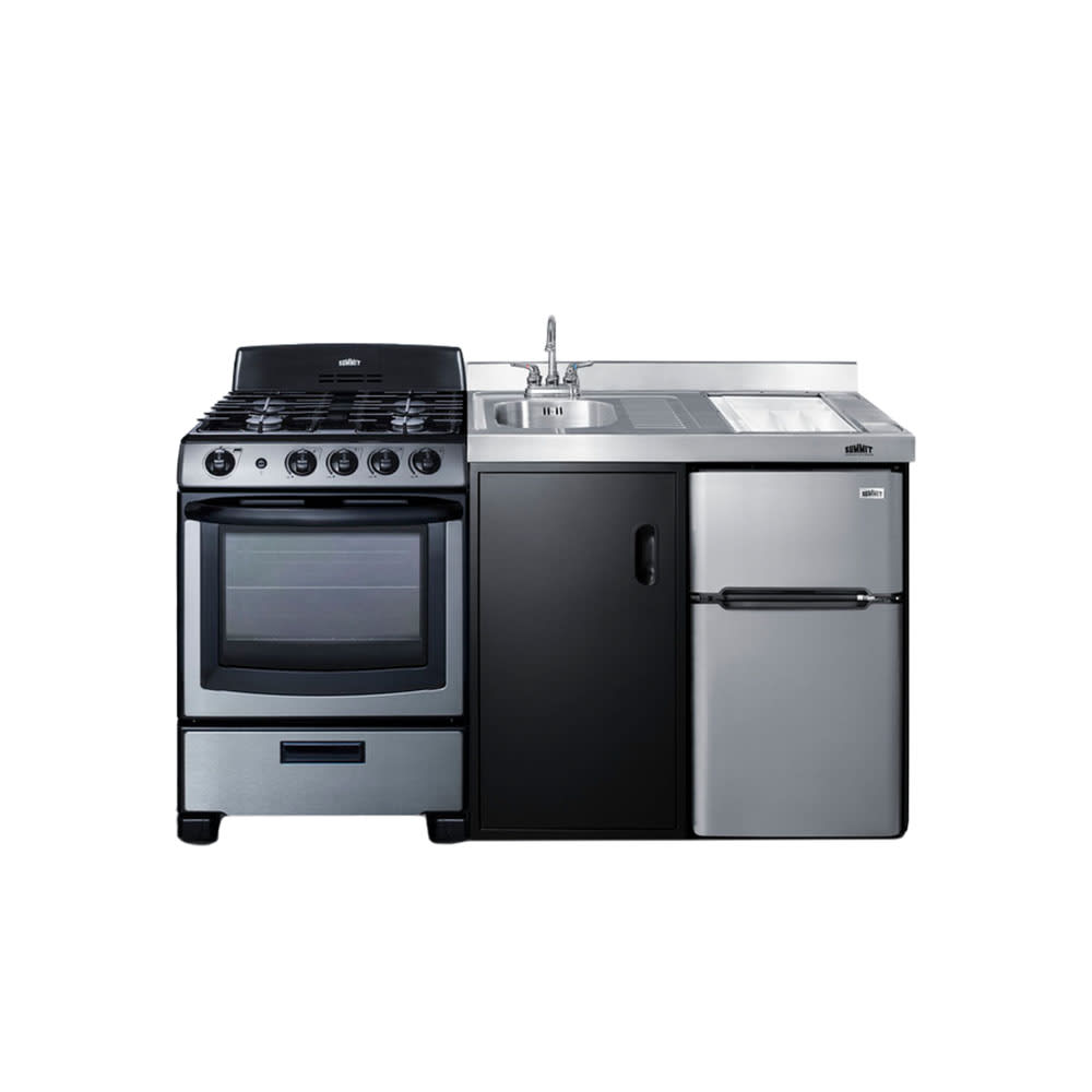 162-ACK63GASBSS 63" Kitchenette w/ Sink, Gas Range/Oven, & Refrigerator/Freezer - Black,...