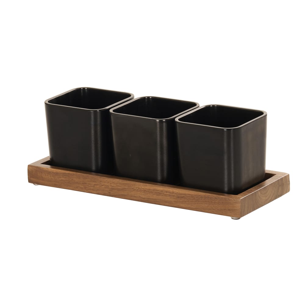 151-2320778 Rectangular 3 Compartment Condiment Jar Display - Black/Walnut