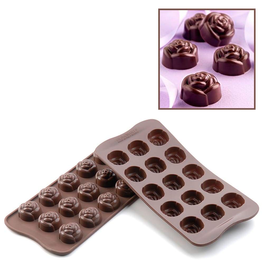 330-SCG13 Rose Chocolate Mold w/ 15 Sections - Silicone, Brown