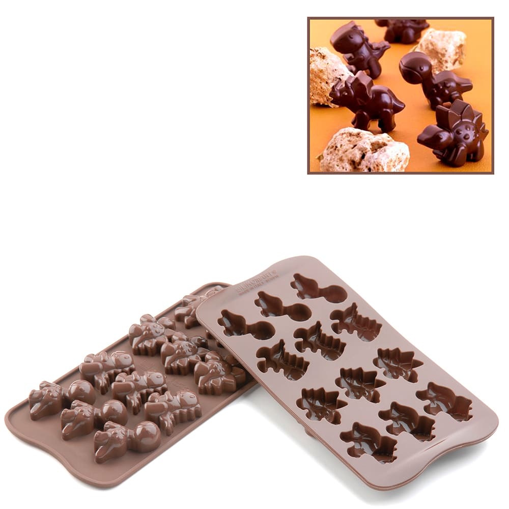 330-SCG16 Dino Chocolate Mold w/ 12 Sections - Silicone, Brown