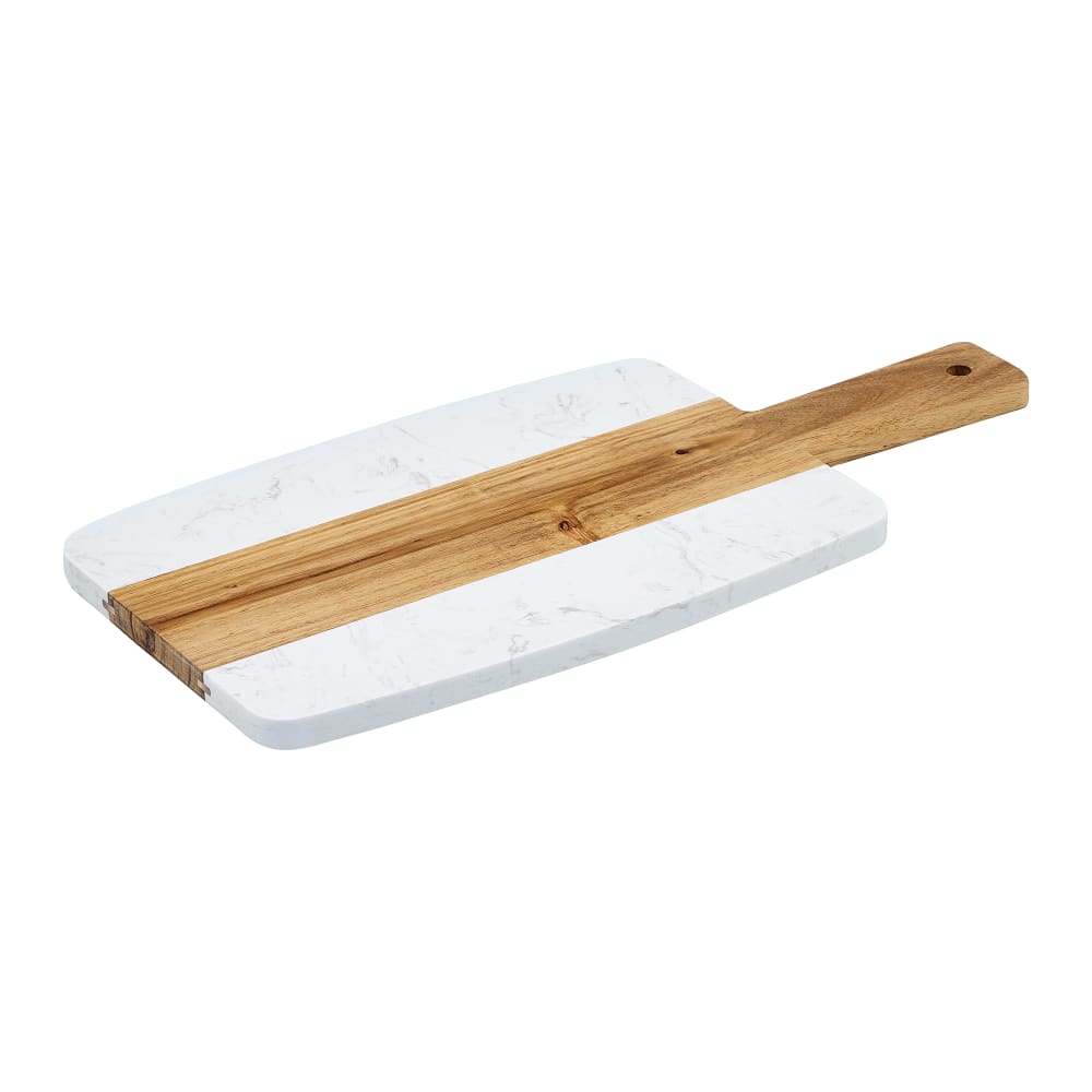 080-SBMW157 Rectangular Serving Board - 14 3/4" x 7 1/4", Acacia Wood/White Marble